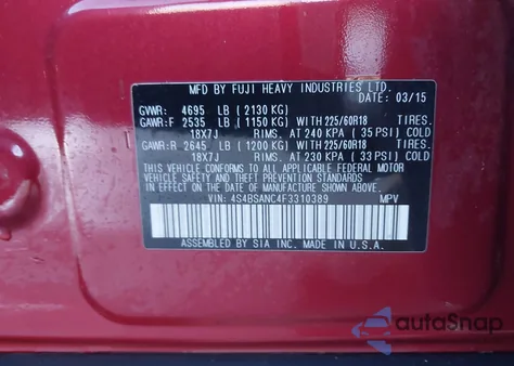 2015 Subaru Outback 2.5I Limited z USA, uszkodzony, nr VIN 4S4BSANC4F3310389